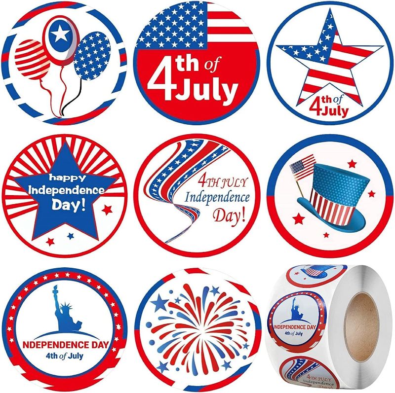 Photo 1 of 500 Patriotic Stickers, 1.5" Roll of 4th of July Stickers, 8 Designs for 4th of July Decorations Patriotic Decor Party Supplies