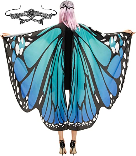 Photo 1 of BUTTERFLY WINGS SHAWL HALLOWEEN COSTUME LADIES CAPE LACE MASK ANTENNA HEADBAND 