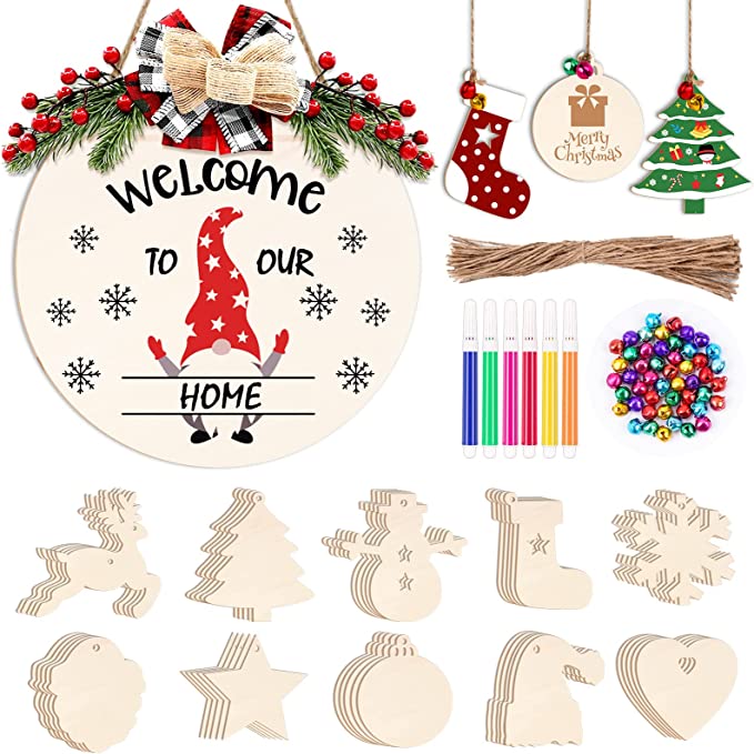 Photo 1 of 51PCS Unfinished Christmas Wooden Ornament DIY Hanging Decoration Kit, Holiday Home Decoration Crafts Kit 11 Style Predrilled Centerpiece Slices Accessories Jingle Bells Markers Twines