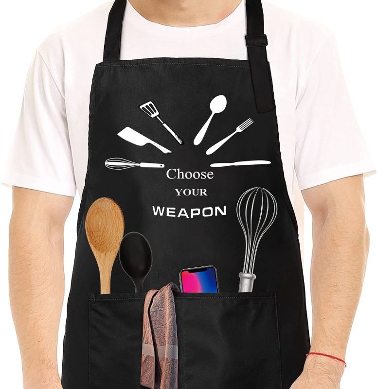 Photo 1 of Funny Apron, BBQ Grill Apron with 2 Pockets, Funny Aprons for Men, Women, One Size Fits All, Cooking Aprons, Personalized Apron, BBQ Gift Apron for Father, Husband, Chef (Choose Your Weapon)
