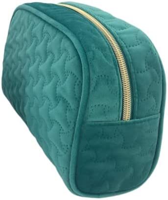 Photo 1 of  Velvet Quilted Small Makeup Bag for Purse - Zipper Pouch - Emerald Green Aqua Cosmetic Bag Organizer - Stitch Cosmetic Pouch - Elegant Velvet Makeup Pouch for Women, Turquoise