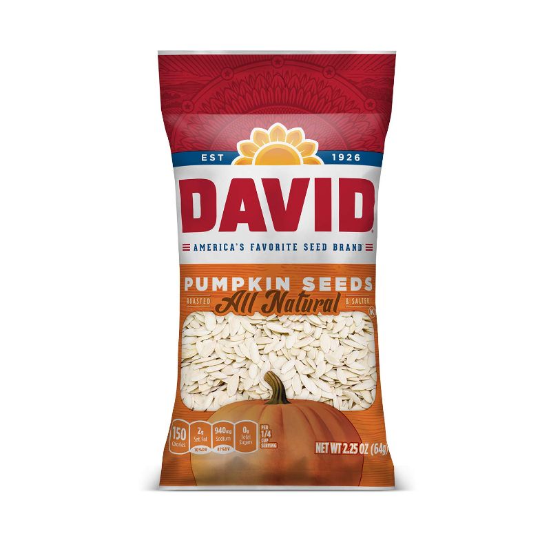 Photo 1 of DAVID SEEDS Roasted and Salted Pumpkin Seeds, 2.25 oz, 12 Pack BEST BY -06/19/2022
