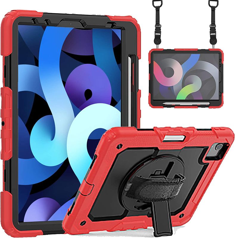 Photo 1 of ausleben Case for iPad air 5,2022/iPad air 4, 2020 10.9 inch case/iPad pro 11 inch 2020/2018 with Pencil Holder, Rotating Kickstand Hand Strap/Shoulder Strap.Rugged Durable case-Red
