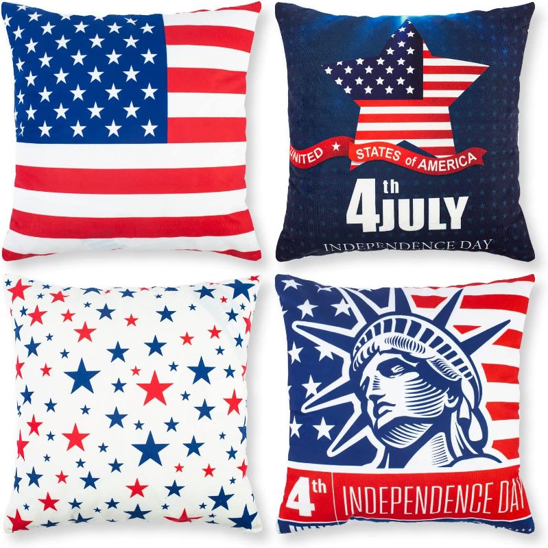 Photo 1 of 4th of July Pillow Covers 18x18, Stars and Stripes Patriotic Throw Pillow Covers Set of 4 USA Independence Day Memorial Day Decorations for Home Party, Double-Sided Printing
