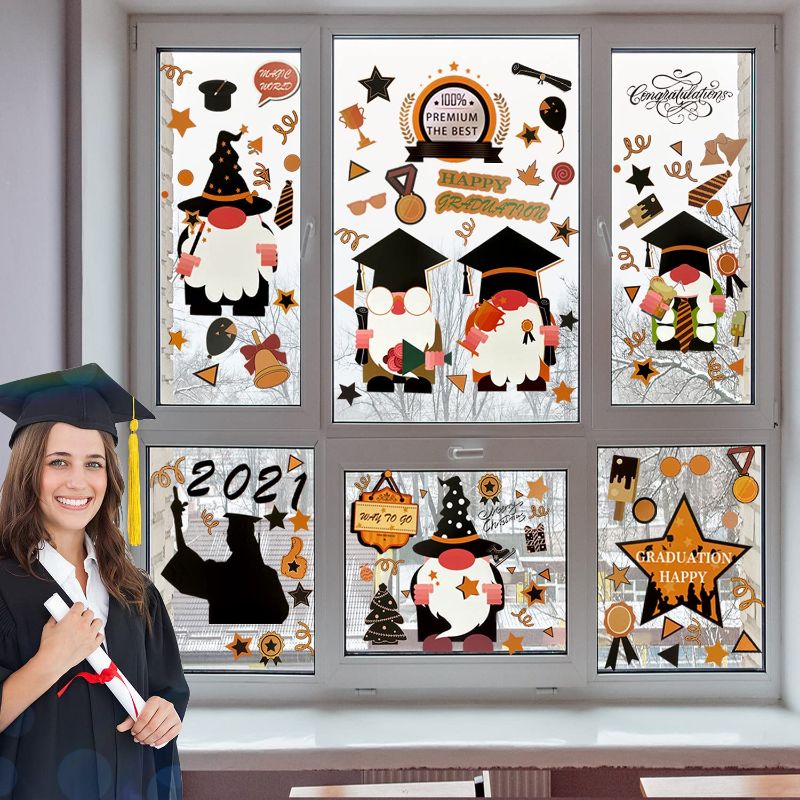 Photo 1 of 9 Sheets 154pcs Graduation Gnomes Window Cling Stickers,Graduation Stickers Graduation 2022-Large Removable Grad Cap,Diploma,Star,Party Decoration to Celebrate Graduation