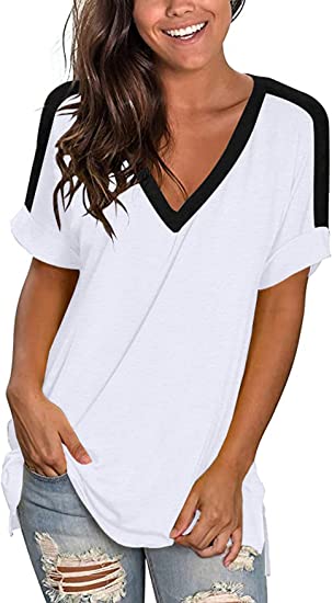 Photo 1 of ANDLCUY Women's Short Sleeve V Neck Summer Tops Color Block Tees Casual Tshirts Loose Fit SIZE XL