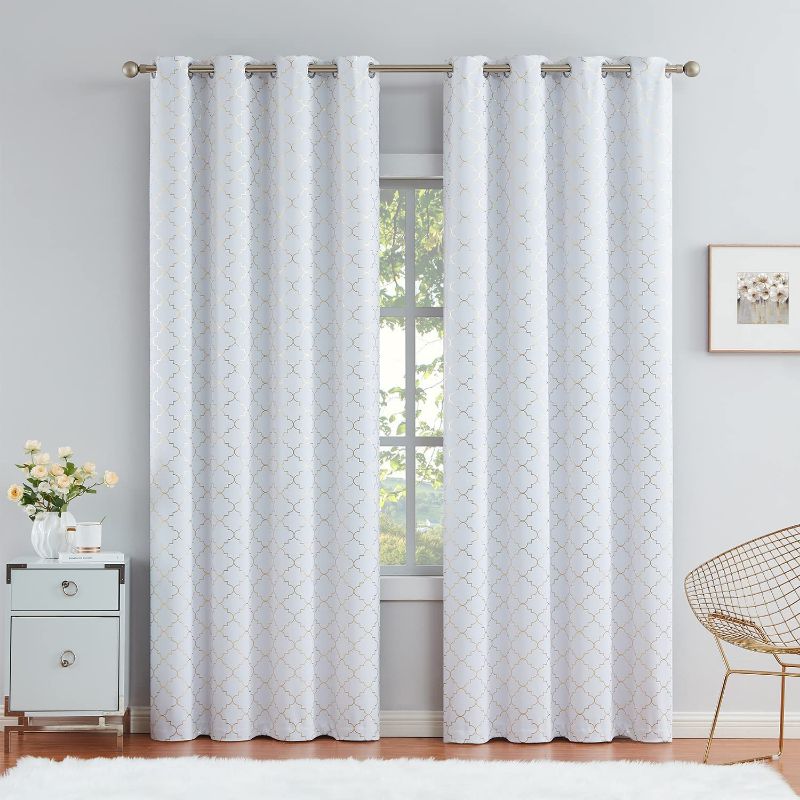 Photo 1 of 100% Full Blackout Curtains Thermal Insulated Drapes 84 Inch Long for Bedroom, White Drapery with Gold Geometric Pattern Room Darkening Grommet Window Curtain for Living Room, 2 Panels 84"L x 52"W

