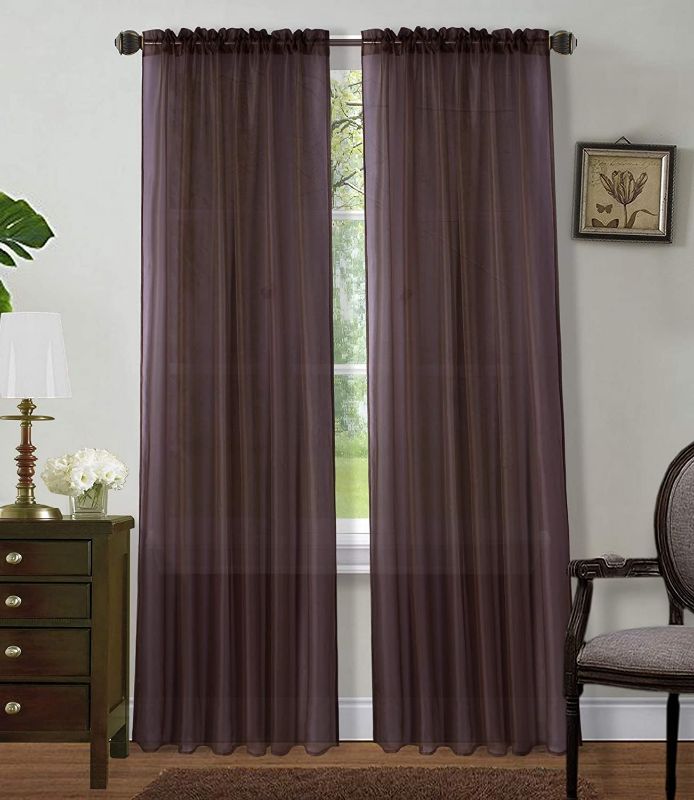 Photo 1 of 2 Panels Window Sheer Curtains 54" x 63" Inches (108" Total Width), Voile Panels for Bedroom Living Room, Rod Pocket, Decorative Curtains, Solid Sheer Brown
