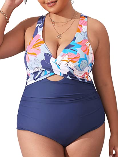 Photo 1 of CUPSHE Women Swimsuit One Piece Plus Size Bathing Suit Wrap Ruched Crisscross Self Tie Back Floral SIZE 1X