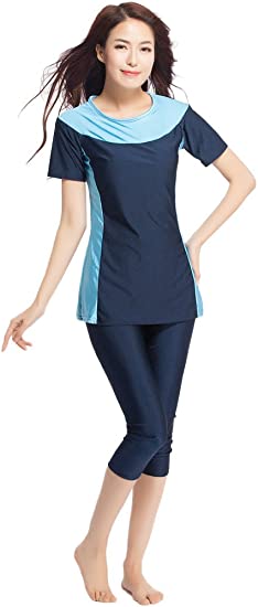 Photo 1 of Ababalaya Womens' Color Block Moderate Cover 2 Piece Swimsuit Burkini SIZE 4XL