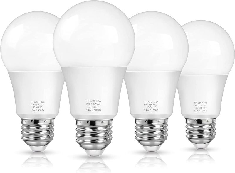 Photo 1 of A19 LED Light Bulbs, 100 Watt Equivalent LED Bulbs, Daylight 5000K, 1500 Lumens, E26 Standard Base, Non-Dimmable, 13W Bright White LED Bulbs for Bedroom Living Room Home Office, 4-Pack
