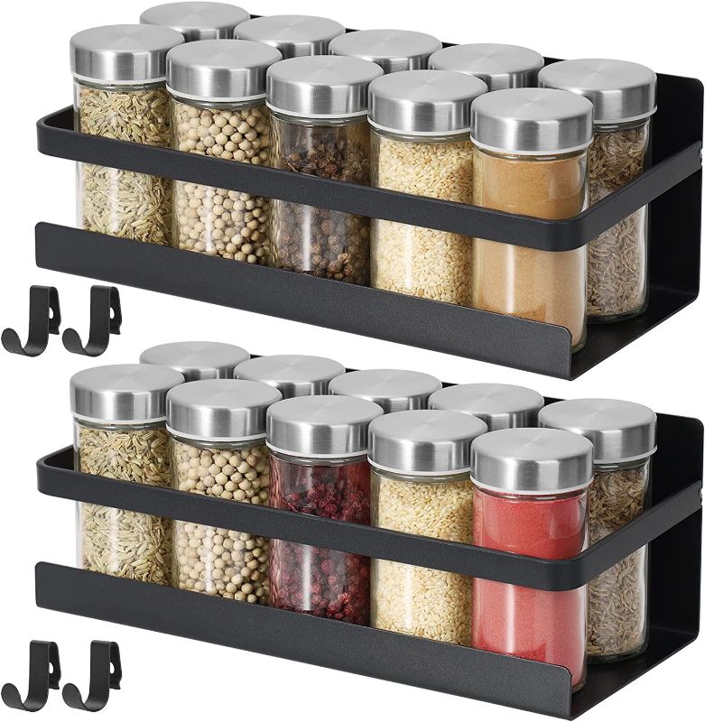 Photo 1 of 2 Pack Magnetic Spice Rack Seasoning Organizers Refrigerator Shelf W/ 4 Hooks Fridge Side Wall Mount Storage Rack Metal Jar Holder Utensils Towel Shelves Home Kitchen Organization Spice Stand - Black
