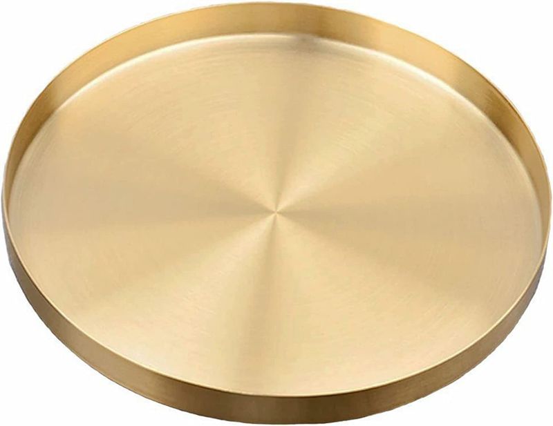 Photo 1 of Large Round Gold Serving Tray 30CM/12 Inch Decorative Vanity Tray Jewelry Makeup Organizer Bar Tray Serving Tray for Coffee, Tea, Drinks, Candle, Wine, Tableware, Perfume Room Decor
