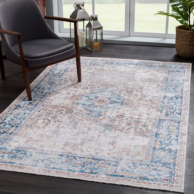 Photo 1 of Bloom Rugs Caria Washable Non-Slip 8x10 Rug - Beige / Ocean Blue Area Rug for Living Room, Bedroom, Dining Room and Kitchen - Exact Size: 7'8" x 10'
