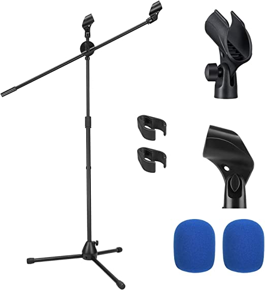 Photo 2 of Moukey Microphone Stand, Tripod Boom Mic Stand with 2 Non-Slip Mic Clip Holders & 2 Foam Covers, Collapsible Adjustable Mic Stand for Singing, Karaoke, Stage and Outdoor Activities, Black, MMs-3
