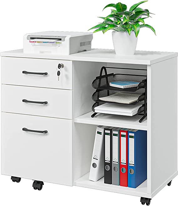 Photo 1 of Panana Wood File Cabinet, 3 Drawer Mobile Lateral Filing Cabinet on Wheels, Printer Stand with Open Storage Shelves for Home Office (White)
