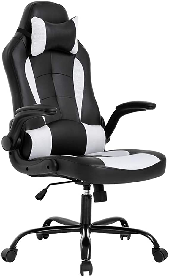 Photo 1 of BestOffice PC Gaming Chair Ergonomic Office Chair Desk Chair with Lumbar Support Flip Up Arms Headrest PU Leather Executive High Back Computer Chair for Adults Women Men (White)
