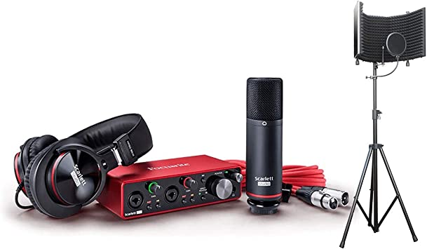 Photo 2 of Focusrite Scarlett 2i2 USB Audio Recording Interface Studio Pack 2nd Gen Complete Recording Packages with Headphones, Microphone, Recording Software and Microphone Isolation Shield With Stand
