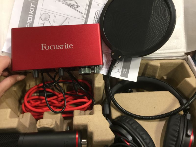 Photo 7 of Focusrite Scarlett 2i2 USB Audio Recording Interface Studio Pack 2nd Gen Complete Recording Packages with Headphones, Microphone, Recording Software and Microphone Isolation Shield With Stand
