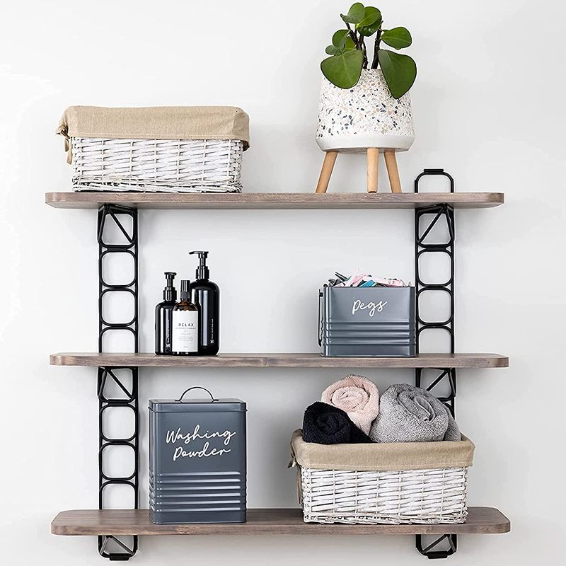 Photo 1 of 3-Tier Floating Shelves for Wall Mounted 36" Modern Natural Wood Decor Hanging Storage-Bookshelf for Bedroom Bathroom Living Room Kitchen Apartment Office-Smoked Oak Color-Black Frame
