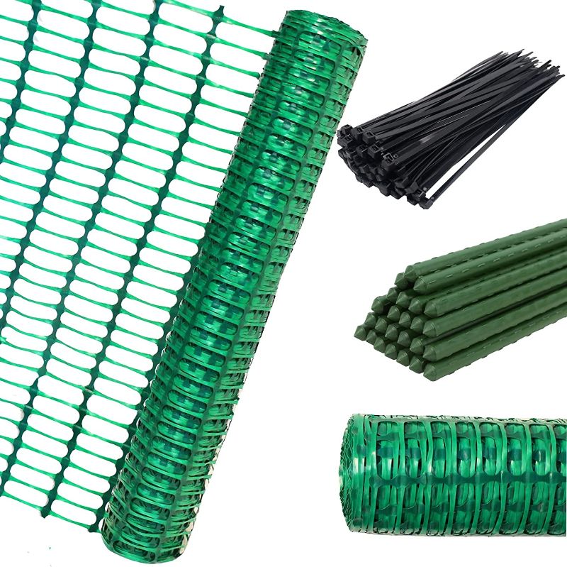 Photo 1 of ACTREY Garden Fence, Snow Fence, Safety Fence + 25 Steel Fence Stakes&100 Zip Ties, Extra Strength Mesh Green Plastic Garden Netting for Temporary Pool, Lawn, Deer, Rabbits, Chicken, Dogs
