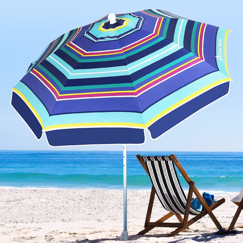 Photo 1 of Brace Master 6.5ft Beach Umbrella With Sand Anchor Uv 100+ Beach Umbrellas For Sand Heavy Duty Wind Hollowing Out Design With Tilt Aluminum Pole Portable Outdoor Sunshade Umbrella With Carry Bag (BlueYellowStripe, 6.5ft)
