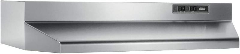 Photo 1 of Broan-NuTone 36-inch Under-Cabinet Convertible Range Hood with 2-Speed Exhaust Fan and Light, 210 Max Blower CFM, Stainless Steel
