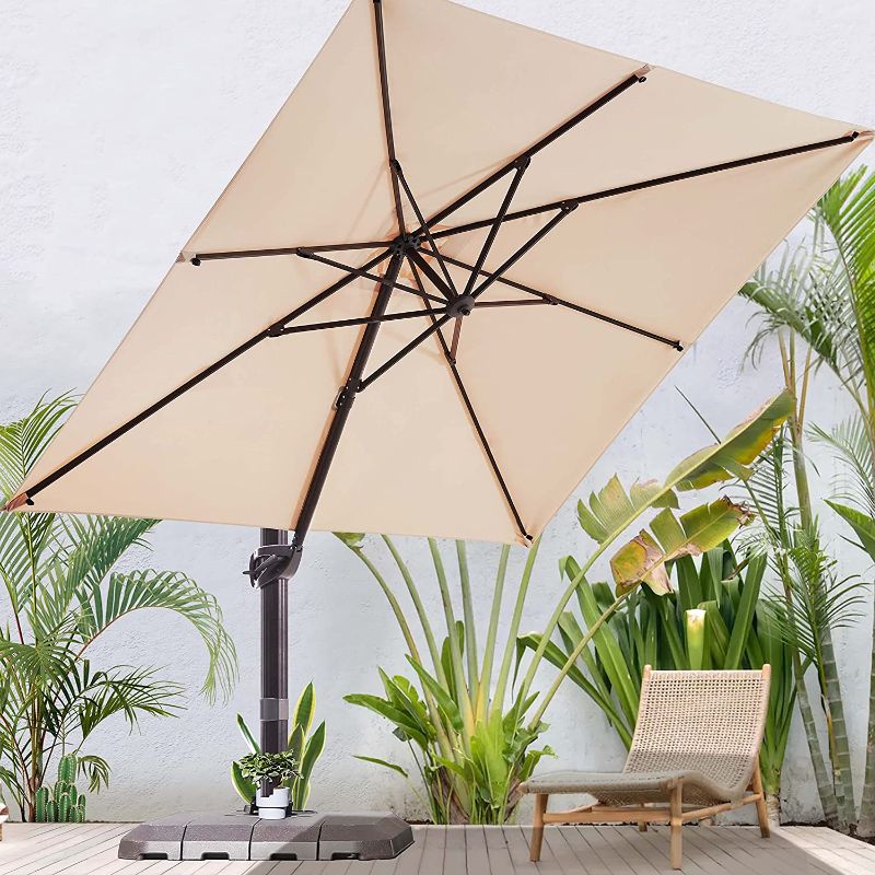 Photo 1 of BLUU SEQUOIA Aluminum 9x9 FT Square Patio Umbrella Cantilever Offset Outdoor Umbrella Market Umbrellas with 360° Rotation Device and Unlimited Tilting System & Cross Base (Beige)
