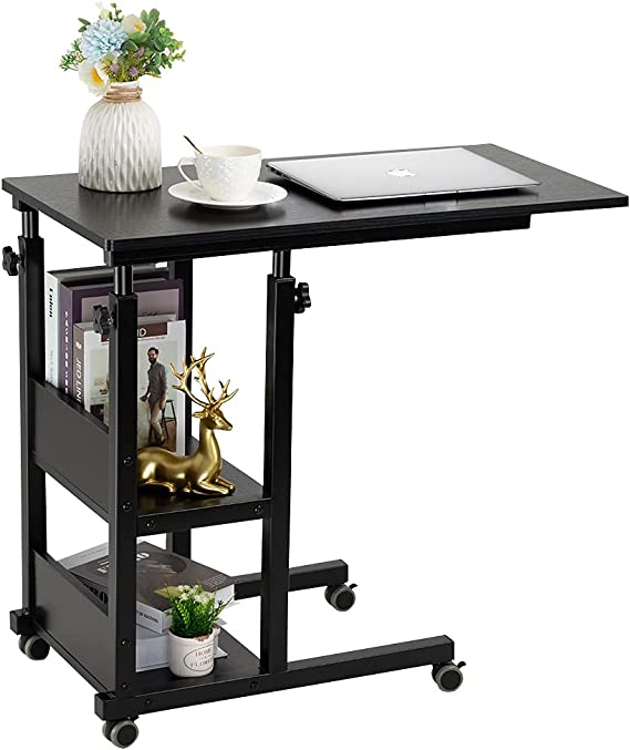 Photo 1 of Hadulcet C Shaped Side Table Adjustable, Height Adjustable C Table with Wheels and Storage Shelves for Couch Bed Recliner Black
