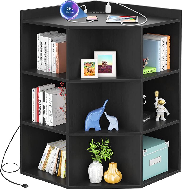 Photo 1 of Aheaplus Corner Cabinet, Black Corner Storage with USB Ports and Outlets, Corner Cube Toy Storage for Small Space, Wooden Cubby Corner Bookshelf with 9 Cubes for Playroom, Bedroom, Living Room, Black
