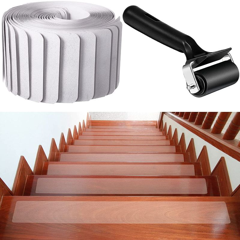 Photo 1 of 18 Pieces Non Slip Stair Treads Tape Anti Slip Stair Treads Indoor Waterproof Staircase Step Treads Strips Anti Slip Tape with Install Roller for Wooden Stairs (18 Pieces,Clear,32 x 4 Inch)
