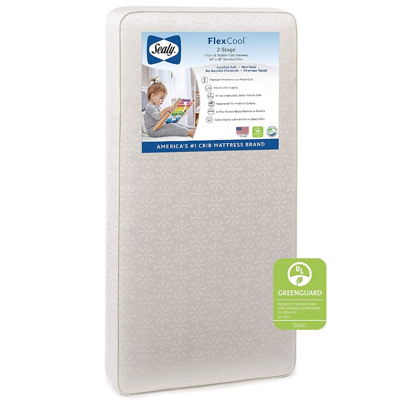 Photo 1 of Sealy Baby Flex Cool 2-Stage Airy Dual Firmness Waterproof Standard Toddler & Baby Crib Mattress, 51.7”x 27.3"
