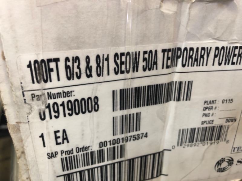 Photo 4 of 100 ft. 6/3 and 8/1 SEOW 50-Amp (California Standard) Power Distribution Heavy-Duty Twist-Lock Generator Extension Cord - box damage.
