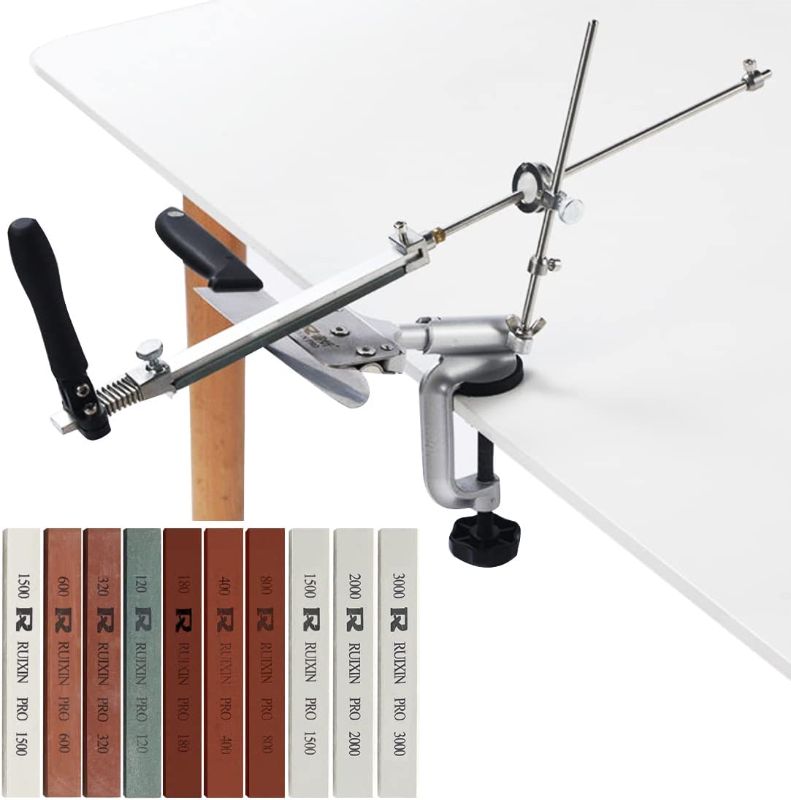 Photo 1 of RUIXIN PRO RX-008 Professional Knife Sharpener with 10 Whetstones, 360° Rotation Flip Design Fixed-Angle Stainless Steel Kitchen Chef Knife Sharpening Kit Abrasive Holding System Tools
