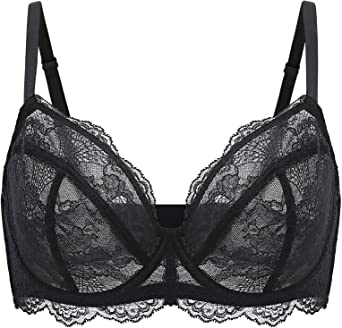 Photo 1 of DOBREVA Women's Lace Bra See Through Plunge Sheer Bras Underwire Sexy Plus Size Minimizer SIZE 38D