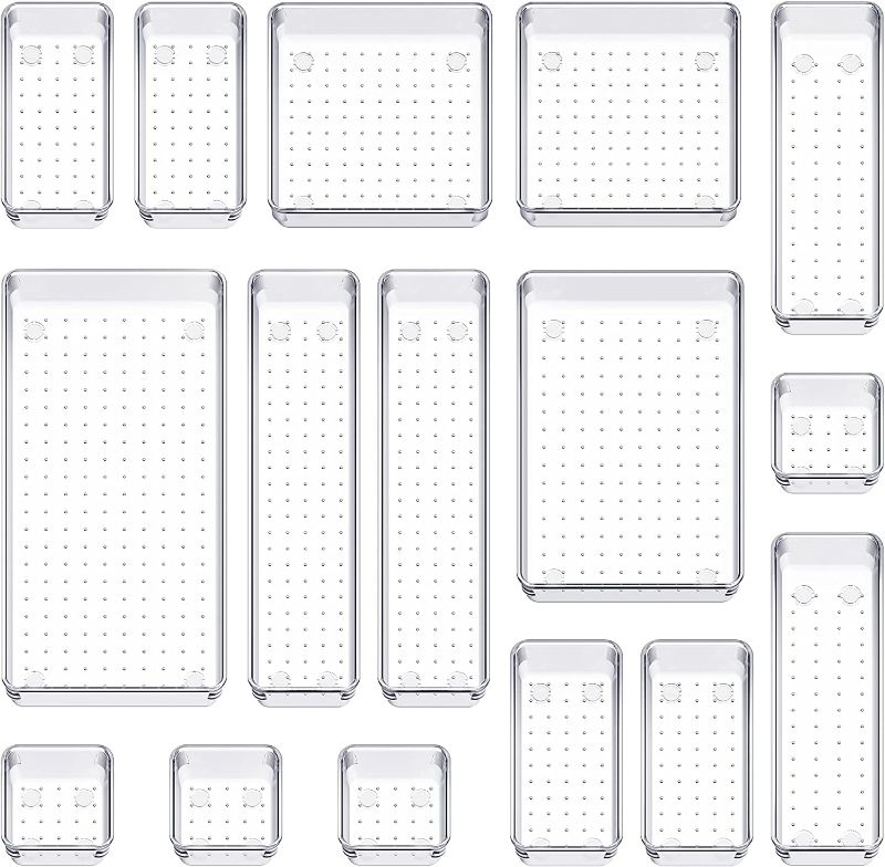 Photo 1 of SMARTAKE 16-Piece Drawer Organizers, Plastic Refrigerator Organizer, 7 Sizes Desk Drawer Dividers with Non-Slip Pads, Storage Tray Sets, Cosmetic Makeup Jewelries, for Kitchen, Fridge, Office, Home
