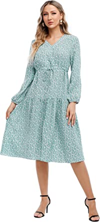Photo 1 of Joyours Womens Casual Dress Summer Plus Size V Neck Floral Dress Loose Boho Midi Dresses A Line Long Sleeve Dress Aqua sz XL
