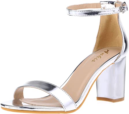 Photo 1 of Ankis Nude Black Silver Gold Heels for Women Open Toe Ankle Strap Chunky Heel Pump Sandals Party Wedding Strappy Buckle Sandals Standard Size 2.75 Inches Tall Thick Heel Design
