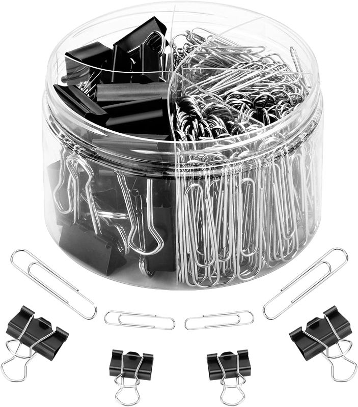 Photo 1 of 330PCS Paper Clips Binder Clips Assorted Sizes - Viemior 300PCS Paper Clips(1.3IN and 2IN) + 30PCS Binder Clips(0.75IN and 1IN) in One Container, Perfect for Daily Home Office Use or As Teacher's Gift
