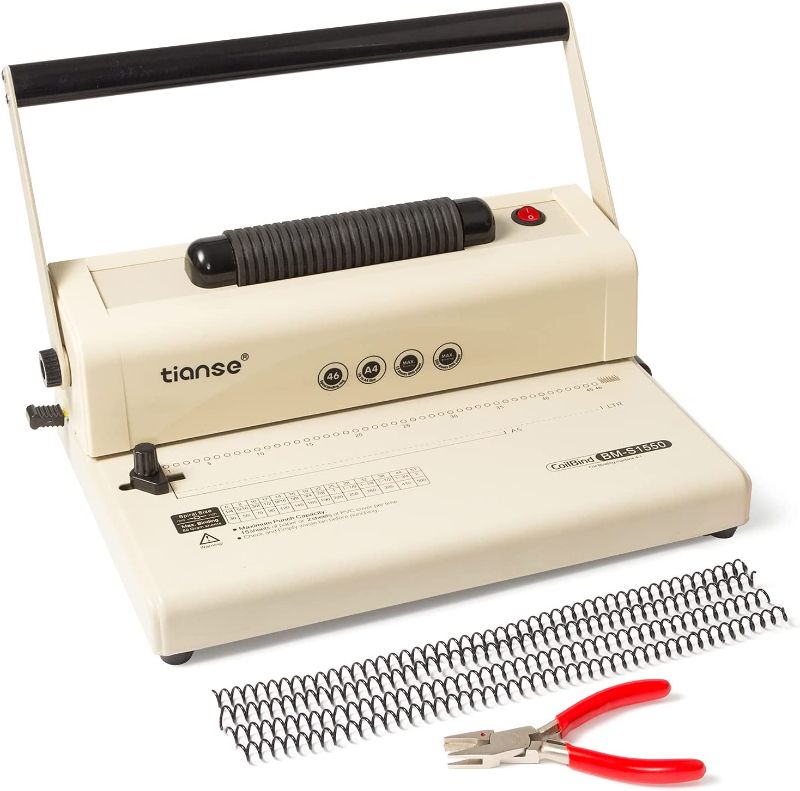 Photo 1 of TIANSE Coil Binding Machine, Electric Coil Inserter, Manual Round Hole Punch, 15 Sheets Punch Capacity, Perfect for Letter Size / A4 / A5, Comes with 100pcs 3/8'' Plastic Comb Binding Spines & Plier
