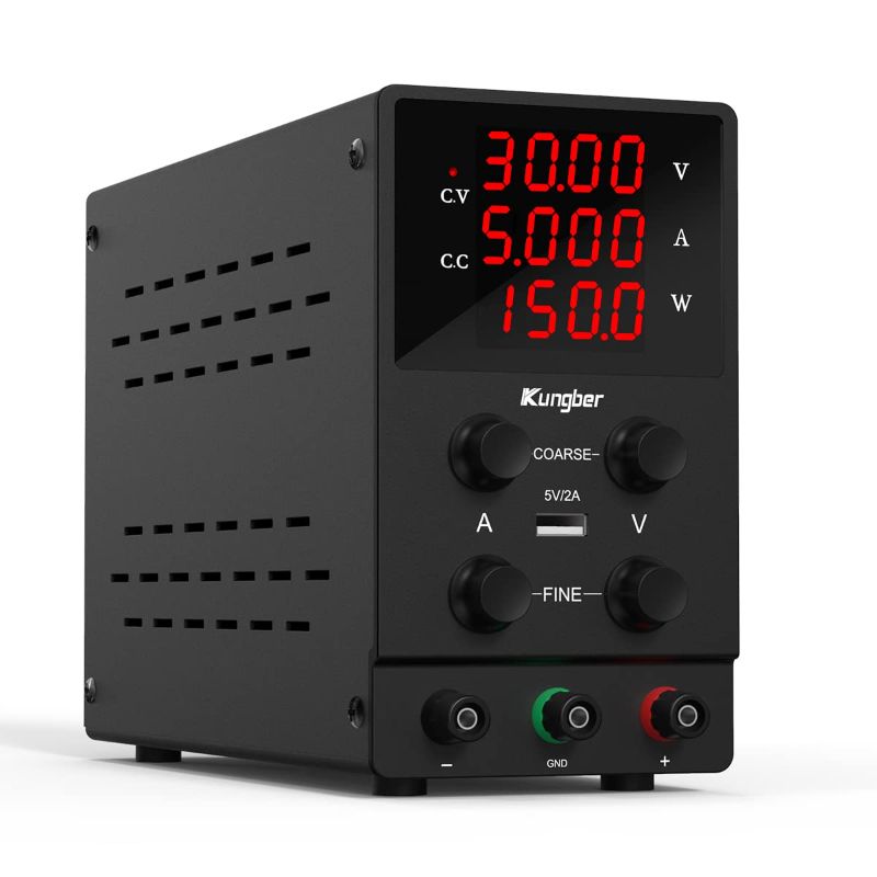 Photo 1 of Kungber DC Power Supply Variable, 30V 5A Adjustable Switching Regulated DC Bench Linear Power Supply with 4-Digits LED Power Display 5V/2A USB Output, Coarse and Fine Adjustments with Alligator Leads
