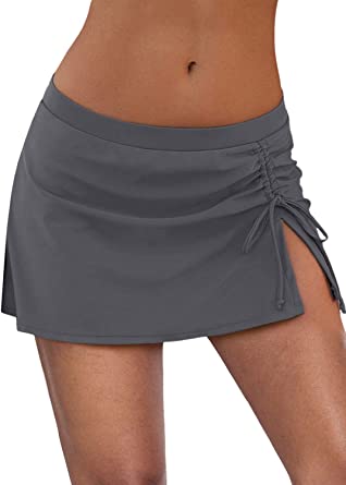 Photo 1 of Byoauo Women's Swim Skirt Solid Ruched Swimsuits Side Slit Pull Tie Bikini Bottom - MEDIUM -