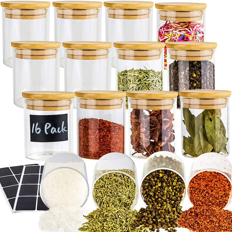 Photo 1 of 16 PC Glass Jars with Lids, Airtight Bamboo Lids Spice Jars Set For Spice, Coffee, Beans, Candy, Nuts, Herbs, Dry Food Canisters - 6.5 oz Clear