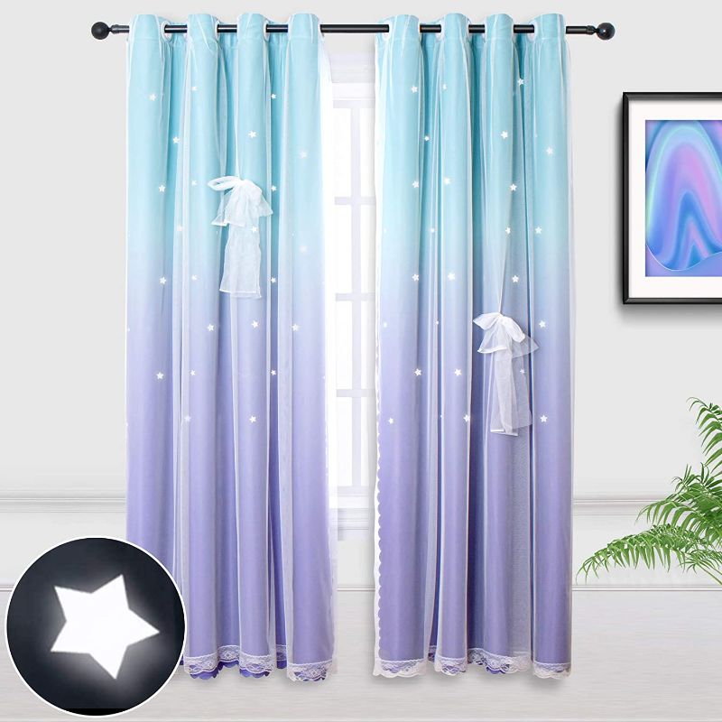 Photo 1 of 1Panel- Lilac and Turquoise Star Curtains for Kids Bedroom Girls Room Decor Ombre Curtains for Living Room Mermaid Themed, Room Darkening Window Curtains, 1 Panel (52W x 84L, Green/Purple)
