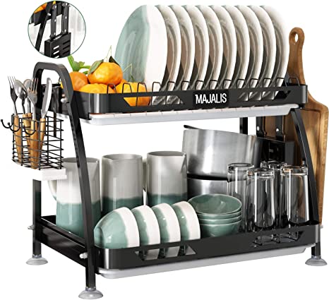 Photo 1 of 2 Tier Dish Drying Rack MAJALIS Large Stainless Steel Dish Drainer with Utensil Holder & Cutting Board & 3 Drainboard Set for Kitchen Counter (Black)
