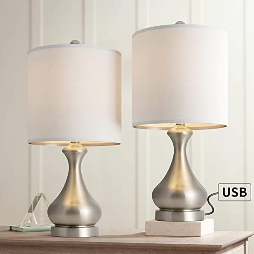 Photo 1 of BOBOMOMO Metal USB Table Lamp 21'' Set of 2 with Charging Port Eye Caring Nightstand Lamps Dressed in Brushed Silver Finish and White Lamp Shades for Bedroom, Living Room
