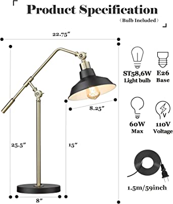 Photo 4 of ELYONA Gold Desk Lamp, Industrial Adjustable Table Lamp, Mid-Century Modern Reading Light with Black Metal Shade for Home Office, Bedroom, Living Room, LED Edison Bulb Included
