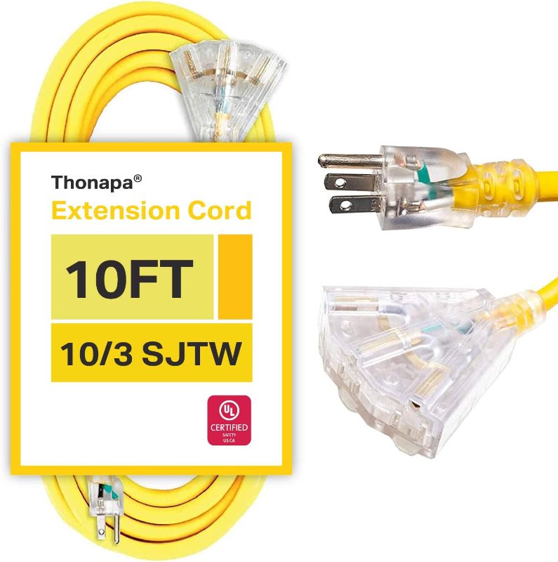 Photo 1 of 10 Foot Lighted Outdoor Extension Cord with 3 Electrical Power Outlets - 10/3 SJTW Yellow 10 Gauge Cable with 3 Prong Grounded Plug for Safety
