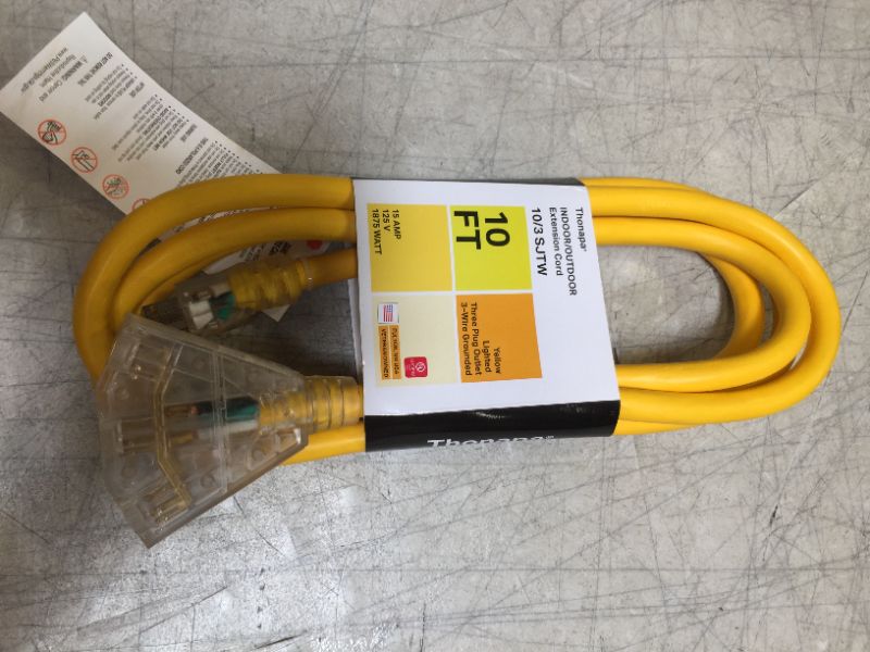 Photo 2 of 10 Foot Lighted Outdoor Extension Cord with 3 Electrical Power Outlets - 10/3 SJTW Yellow 10 Gauge Cable with 3 Prong Grounded Plug for Safety
