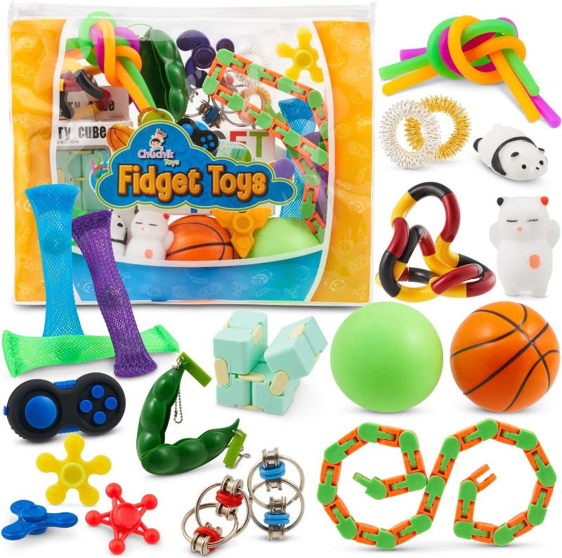 Photo 1 of Chuchik Sensory Fidget Toys 23-PC – Stress Relief Toys for Focus & Calm – Toy Box & Party Favor Fidget Pack + Reusable Bag – Fidget Spinner, Stress Ball, Infinity Cube, Sensory Toy Rings
